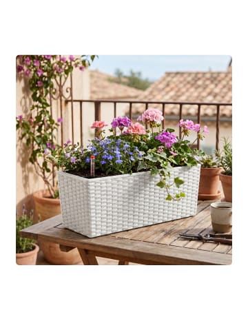 relaxdays Balkonkasten "Rattan" mit Selbstbewässerung in Weiß - (B)50 x (H)19 x (T)19 cm