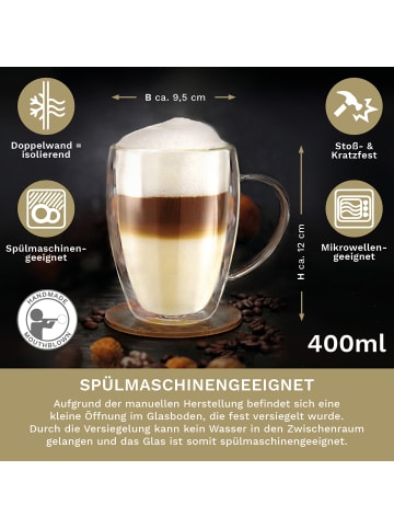 Creano 2er Set doppelwandige Thermobecher mit Henkel 400ml h-hoch Glas