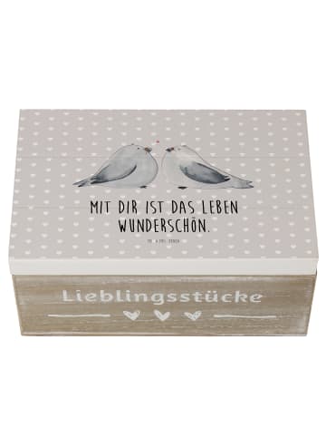 Mr. & Mrs. Panda Holzkiste mit Deckel Turteltauben Liebe mit Spruch in Grau Pastell