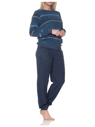 NORMANN Frottee Schlafanzug langarm Bündchen Streifenoptik in blau-mel.