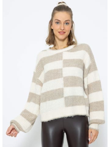 SASSYCLASSY Oversize Strick-Pullover in Beige, Weiß