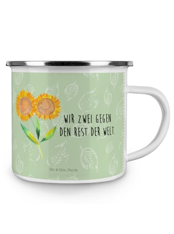 Mr. & Mrs. Panda Camping Emaille Tasse Blume Sonnenblume mit Spruch in Blattgrün