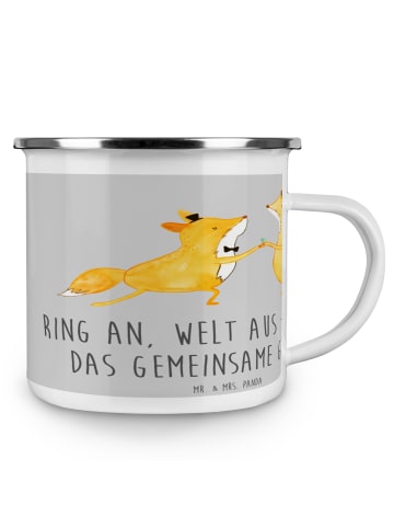 Mr. & Mrs. Panda Camping Emaille Tasse Verlobung Glück mit Spruch in Heather Grey
