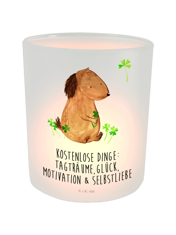 Mr. & Mrs. Panda Glas Windlicht Hund Kleeblatt mit Spruch in Transparent