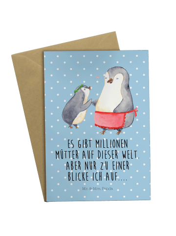 Mr. & Mrs. Panda Grußkarte Pinguin mit Kind mit Spruch in Blau Pastell