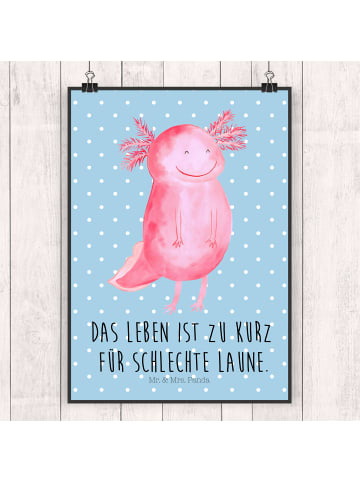 Mr. & Mrs. Panda Bild Axolotl Glücklich mit Spruch in Blau Pastell