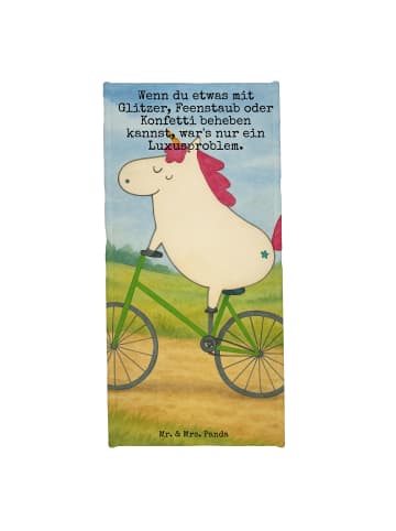 Mr. & Mrs. Panda Strandtuch Einhorn Radfahrer Design mit Spruch in Weiß