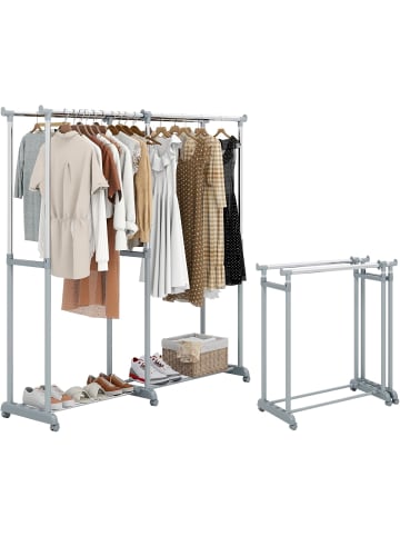 COSTWAY Kleiderständer 2 Reihen auf Rollen in Silber