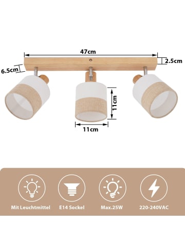 ZMH Deckenleuchte in schwarz 3-flammige E14 Holz verstellbar mit Stofflampenschirm