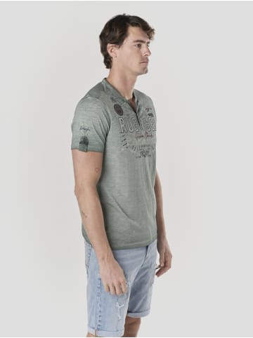 KOROSHI Henley cotton print-emb washed t-shirt in khaki