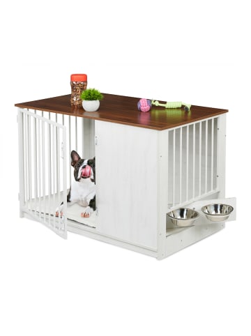 relaxdays Hundekäfig in Weiß/ Braun - (B)102 x (H)65,5 x (T)60 cm