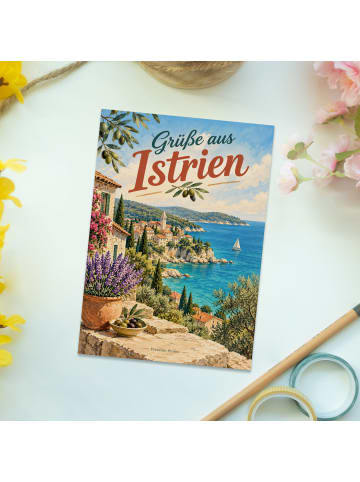 Mr. & Mrs. Panda Postkarte Küste mediterran Design mit Spruch in Weiß