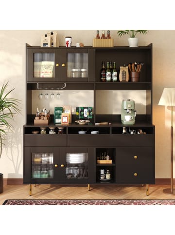 ABRIHOME Hochschrank in Schwarz mit Golddekor und Lochglastüren 145x39x171 cm