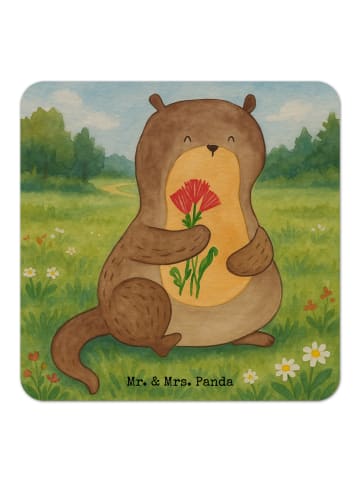 Mr. & Mrs. Panda Bierdeckel Otter Blumenstrauß Design ohne Spruch in Weiß