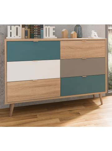 Furn.Design Schubladenkommode Eiche Sonoma, Petrol, weiß, Kommode Tricolor skandinavisch