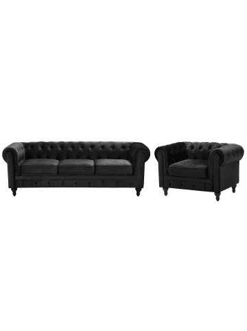 Beliani 2-tlg Sitzgruppe CHESTERFIELD in Schwarz/Dunkler Holzfarbton
