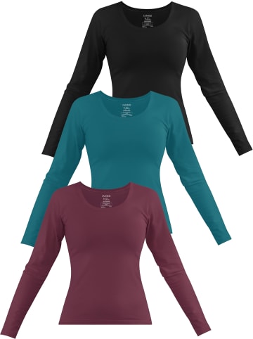 Janice 3 x Damen Langarmshirt Nimes in Burgund/Petrol/Schwarz