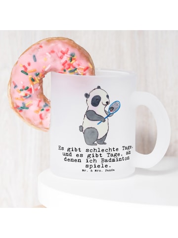 Mr. & Mrs. Panda Teetasse Glas Panda Badminton  mit Spruch in Transparent