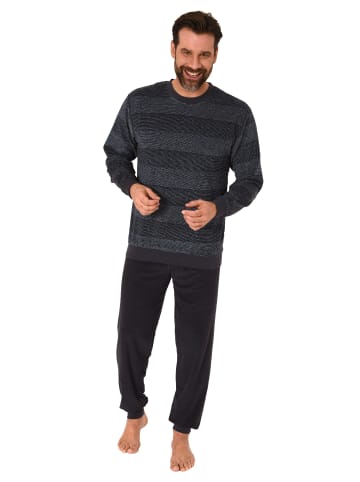 NORMANN Frottee Schlafanzug lang Bündchen Streifen - 81442 in dunkelgrau