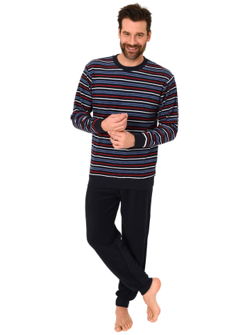 NORMANN Lange Frottee Pyjama Schlafanzug Bündchen Streifen - 50176 in marine/rot