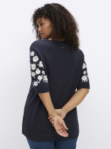 sheego Kurzarm-Pullover in tiefblau-ecru