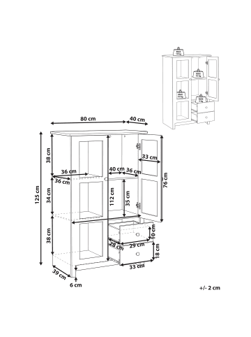 Beliani Vitrine PIMBA in Weiß/Braun - (W) 80 x (H) 125 x (L) 40 cm