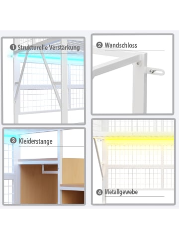 ABRIHOME Etagenbett in Weiß mit LED Lichtleisten Treppe und Stauraum 140x200 cm  