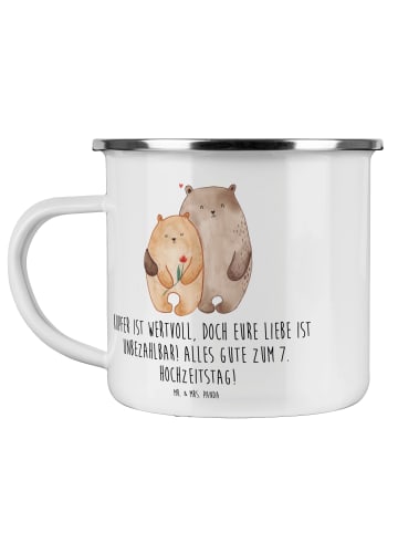 Mr. & Mrs. Panda Camping Emaille Tasse 7. Hochzeitstag Kupferhoc... in Weiß