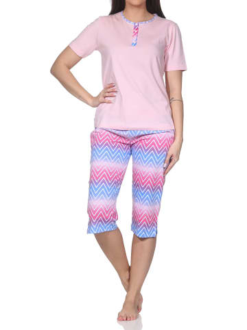 NORMANN Kurzarm Capri Schlafanzug Pyjama Übergröße Zick Zack Muster in rosa