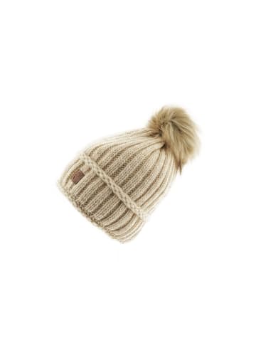 Faera Wintermütze warm gefüttert mit Kunstfell Bommel-Mütze in Beige