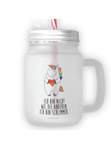 Mr. & Mrs. Panda Trinkglas Mason Jar Einhorn Herz mit Spruch in Transparent
