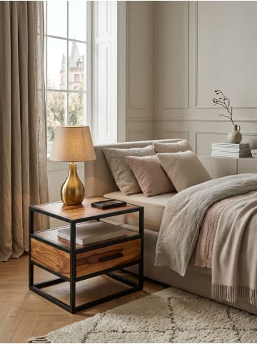 KADIMA DESIGN Massiver Sheesham-Holz Nachttisch: Stilvolle Industrie-Optik, Stauraum