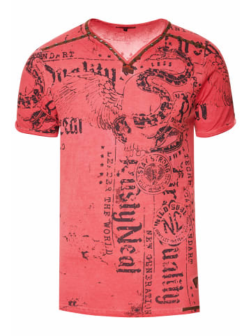 Rusty Neal V-Neck T-Shirt Verwaschen mit Prints und Wildleder Details in Rot