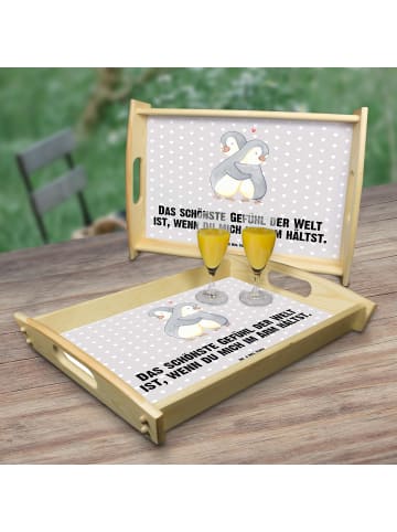 Mr. & Mrs. Panda Serviertablett Holz Pinguine Kuscheln mit Spruch in Grau Pastell