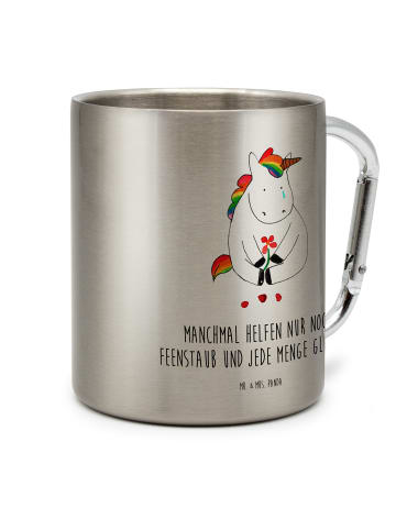 Mr. & Mrs. Panda Karabiner Becher Einhorn Traurig mit Spruch in Silber