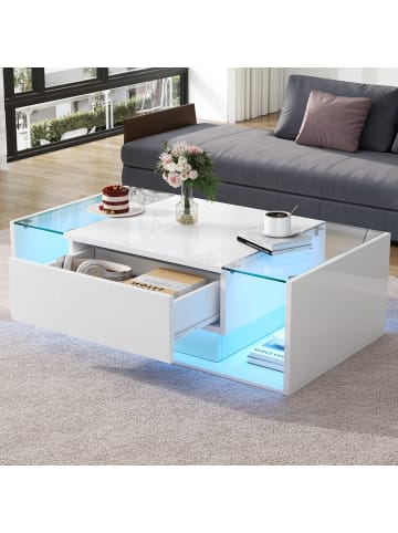 ABRIHOME Couchtisch mit 1 Schublade und LED in Weiß 100*50*31cm