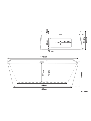 Beliani Badewanne HASSEL in Weiß/Silber - (W) 80 x (H) 60 x (L) 170 cm