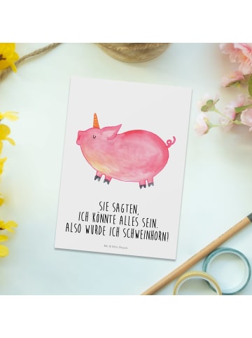Mr. & Mrs. Panda Postkarte Einhorn Schwein mit Spruch in Weiß