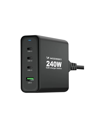 Wozinsky GaN-Ladestation USB-A / 3 x USB-C Schnellladegerät 240W in Schwarz in Schwarz