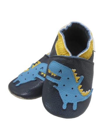Bemesu Dunkelblaue Baby Leder Krabbelschuhe, mit rutschfester Sohle –Dinosaurier-Muster