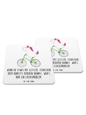 Mr. & Mrs. Panda Bierdeckel Einhorn Radfahrer mit Spruch in Weiß