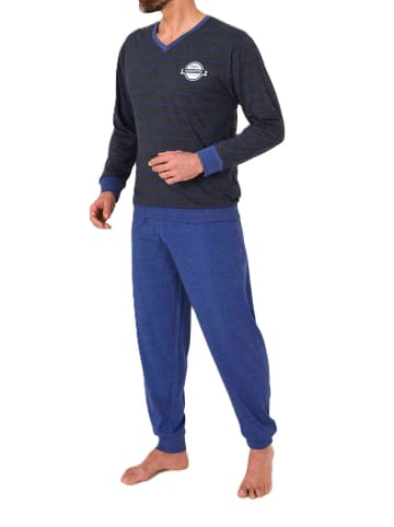 NORMANN Langarm Schlafanzug Pyjama Bündchen Streifen in blau