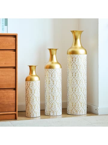 ABRIHOME Deko Vasen in Gold 3er Set mit Blumenmuster 50/66/83 cm Metall Vintage