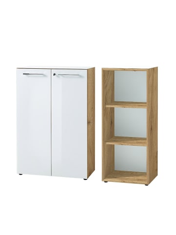 KADIMA DESIGN Büro-Set 2-tlg 120cm hoch Kommode x Regal, Glas Front in Chalet-Eiche-Nb.-Weiß