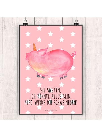Mr. & Mrs. Panda Poster Einhorn Schwein mit Spruch in Rot Pastell