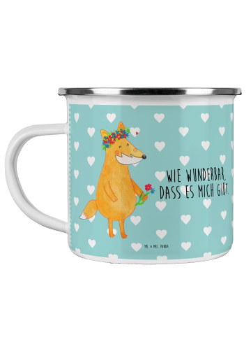 Mr. & Mrs. Panda Camping Emaille Tasse Fuchs Blumen mit Spruch in Türkis Pastell