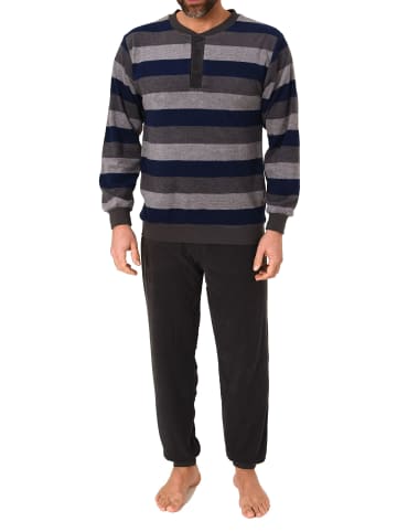 NORMANN Frottee Schlafanzug Bündchen Blockstreifen - 81343 in blau