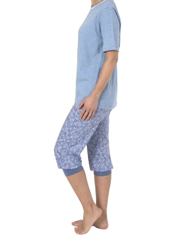 NORMANN Capri Pyjama kurzarm und Spitzenbesatz - 44524 in blau