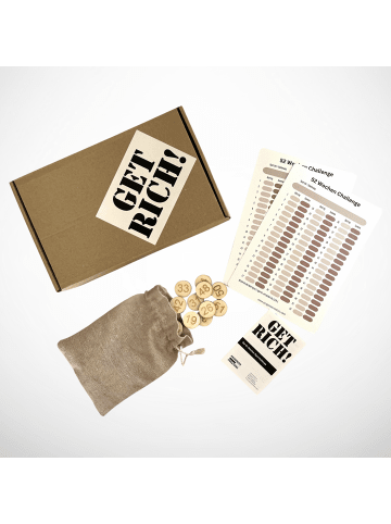 progress creators 52 Wochen Sparchallenge „GET RICH!“ Holzchip-Edition