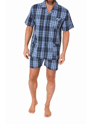 NORMANN kurzarm Schlafanzug Shorty Pyjama gewebt zum Knöpfen - 80171 in blau